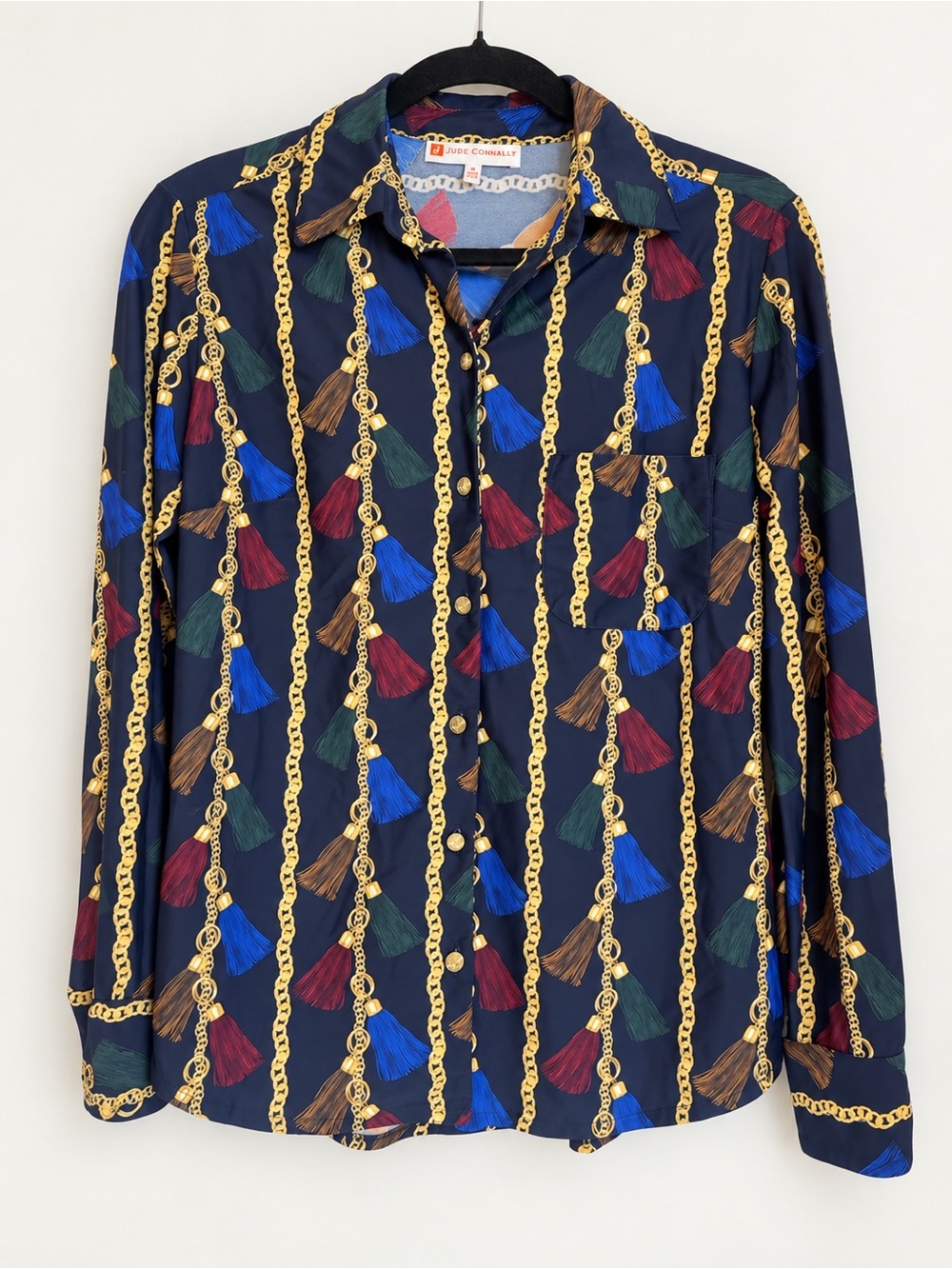 Jude Connally Navy Gold Chain Tassel Print Button Front Blouse Size M